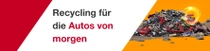 Grafik mit rotem Dreieck links und dem Text "Recycling für die Autos von morgen" in der Mitte. Rechts ein Foto eines großen Haufens aus zerkleinerten und demontierten Fahrzeugteilen und Schrott auf orangefarbenem Untergrund, mit einem leuchtenden rot-grün-orangefarbenen Lichtring-Effekt auf dem Haufen. Grafik mit rotem Dreieck links und dem Text "Recycling für die Autos von morgen" in der Mitte. Rechts ein Foto eines großen Haufens aus zerkleinerten und demontierten Fahrzeugteilen und Schrott auf orangefarbenem Untergrund, mit einem leuchtenden rot-grün-orangefarbenen Lichtring-Effekt auf dem Haufen.