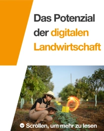 Eine Landwirtin mit Latzhose und Hut hält ein Tablet und untersucht Pflanzen auf einem sonnigen Feld. Ein Lichtwirbel schwebt in der Nähe des Tablets. Auf der linken Seite des Bildes steht der Text: „Das Potenzial der digitalen Landwirtschaft.“ 