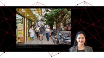 Portrait of Bhavya Bogra next to an image of a group of women walking through a street. The image caption reads: City planner Bhavya Bogra turns her city into a real-life laboratory: In Panaji, India, women walk along roads together to build an inclusive city.