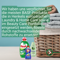 Korb mit gefalteten Handtüchern und darüber platzierte Haushaltsprodukte wie Wasch- und Reinigungsmittel.