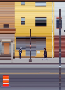 Two people stand in front of a yellow building in the city, with the background slightly blurred Two people stand in front of a yellow building in the city, with the background slightly blurred
