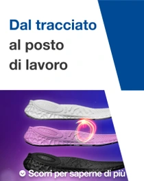 Tre solette per scarpe disposte una di fianco all’altra, accompagnate da un soave effetto di vortice luminoso. Il testo recita “Dalla pista al lavoro”. 