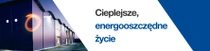Nowoczesny budynek z włączonymi światłami o zmierzchu. Na krawędzi budynku unosi się świetlny wir. Tekst brzmi: „Mieszkaj cieplej i bardziej energooszczędnie”.