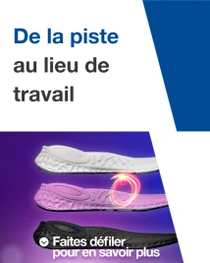Trois semelles intérieures de chaussures disposées côte à côte, accompagnées d’un tourbillon lumineux. Le texte indique « De la piste au lieu de travail ». 