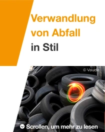 Ein Stapel Autoreifen liegt übereinander. Ein Lichtwirbel ist über den Reifen zu sehen. Der Text lautet: „Verwandlung von Abfall in Stil.“ Ein Stapel Autoreifen liegt übereinander. Ein Lichtwirbel ist über den Reifen zu sehen. Der Text lautet: „Verwandlung von Abfall in Stil.“