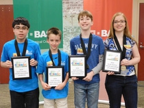 Pictured left to right: Nolan Promin, eighth grader from Clover Middle School in Clover, won the South Carolina State You Be The Chemist Challenge® and will represent South Carolina at the 2016 National Challenge in Philadelphia on June 20; third runner-up Jack Veltkamp from York Preparatory Academy in Rock Hill; second runner-up David Axon from Buist Academy in Charleston; and first runner-up Emma Westergard from Oakridge Middle School in Clover.