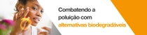 Uma mulher aplica um produto biodegradável no rosto. Um redemoinho de luz paira sobre a mão. O texto diz: “Combate à poluição com alternativas biodegradáveis”.