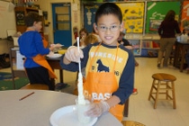 Third grade student at Thomas Jefferson Elementary School in Morristown, NJ, smiles while creating chemistry with BASF. Third grade student at Thomas Jefferson Elementary School in Morristown, NJ, smiles while creating chemistry with BASF.