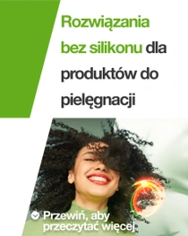Uśmiechnięta kobieta o czarnych, kręconych włosach. Nad jej włosami unosi się świetlny wir. Tekst na zdjęciu brzmi: „Formuły bez silikonu w produktach do pielęgnacji”.