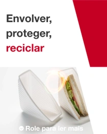 Um sanduíche parcialmente embrulhado em um invólucro plástico branco está posicionado à esquerda da imagem. À direita, lê-se o texto: “Envolver, proteger, reciclar”