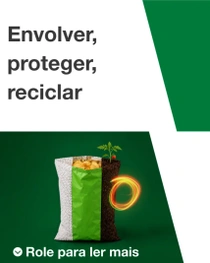 Um sanduíche parcialmente embrulhado em um invólucro plástico branco está posicionado à esquerda da imagem. À direita, lê-se o texto: “Envolver, proteger, reciclar”