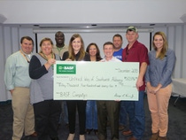 BASF employees presented a check to United Way of Southwest Alabama for more than $50,000 - with sponsorship and the total dollars pledged during BASF’s United Way campaign at the McIntosh site. Pictured from left to right: Trey Pope, BASF; Cathy Boyett, BASF; Jerome Williams, BASF; Amy Hannaman, United Way; Vicki Dew, BASF; George Vann, Vice President, BASF; Banning Lax, BASF; Winston Waite, BASF; and, Cara Hemmer, BASF.