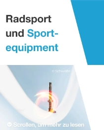 Nahaufnahme eines transparenten Aerothan® Fahrradschlauchs mit Ventil vor einem hellblauen Hintergrund mit einem Lichtwirbel. Der Text lautet: „Radsport und Sportequipment."