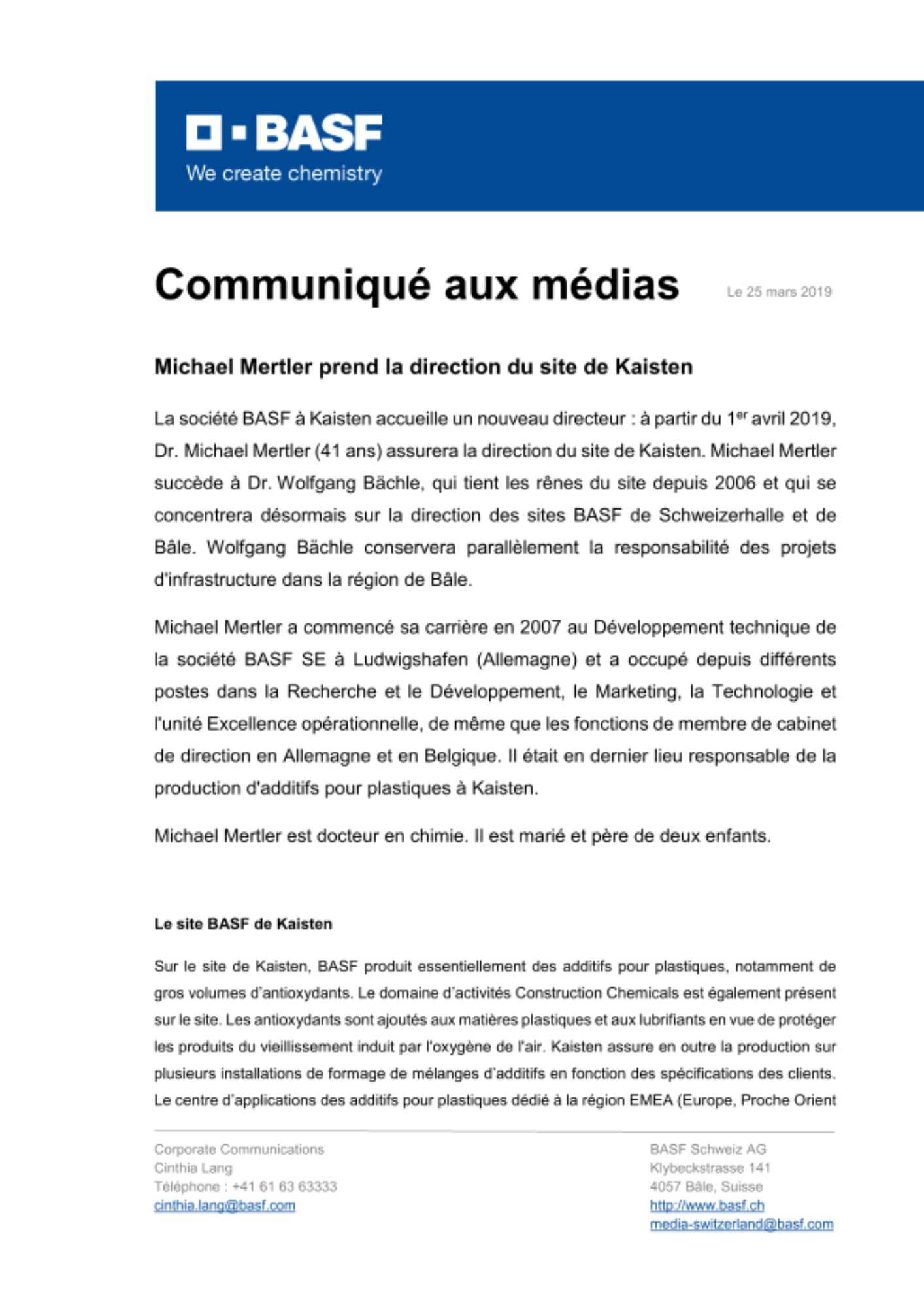 Communiqué aux médias