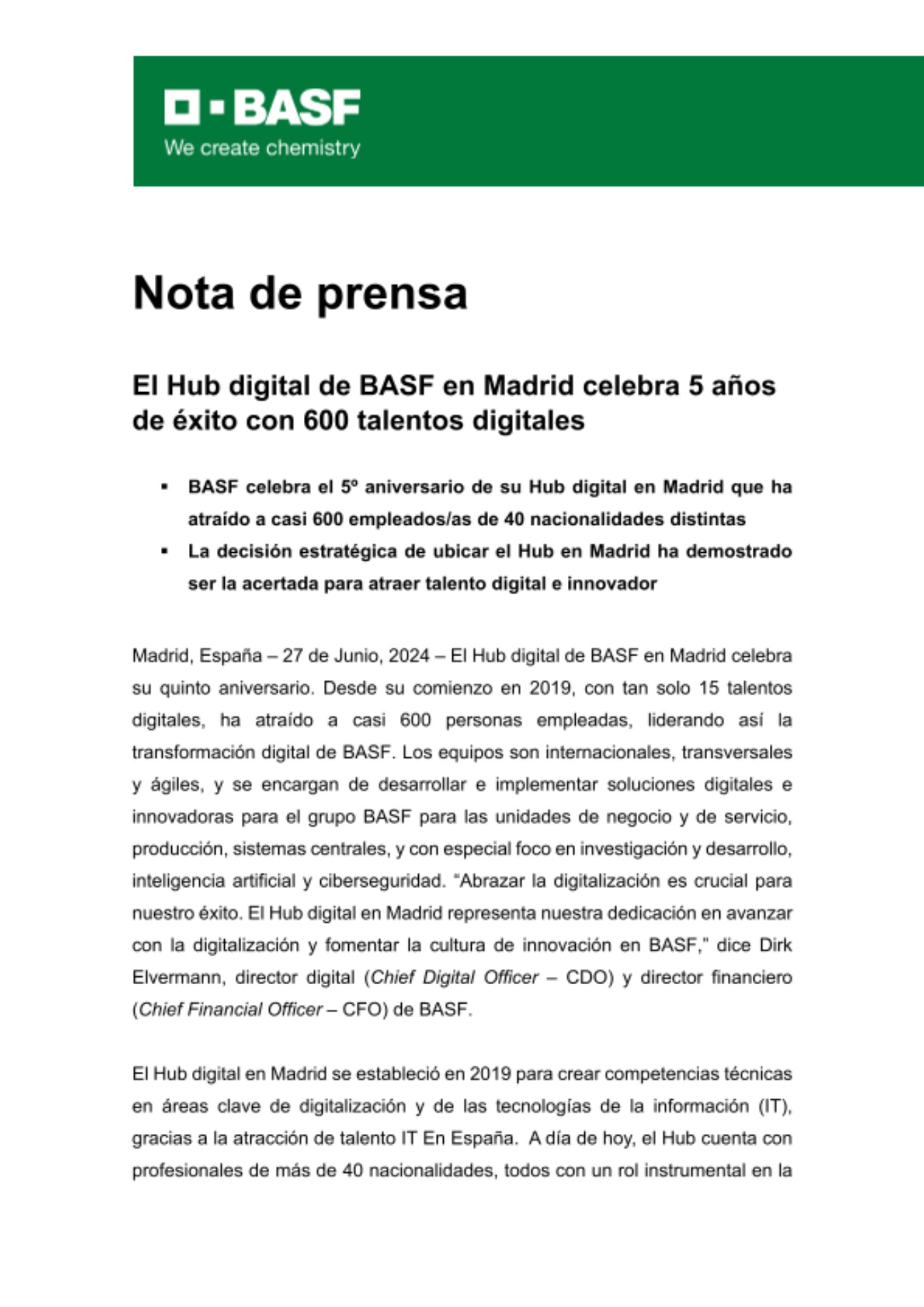 Nota de prensa 5º aniversario BASF Digital Solutions Nota de prensa 5º aniversario BASF Digital Solutions