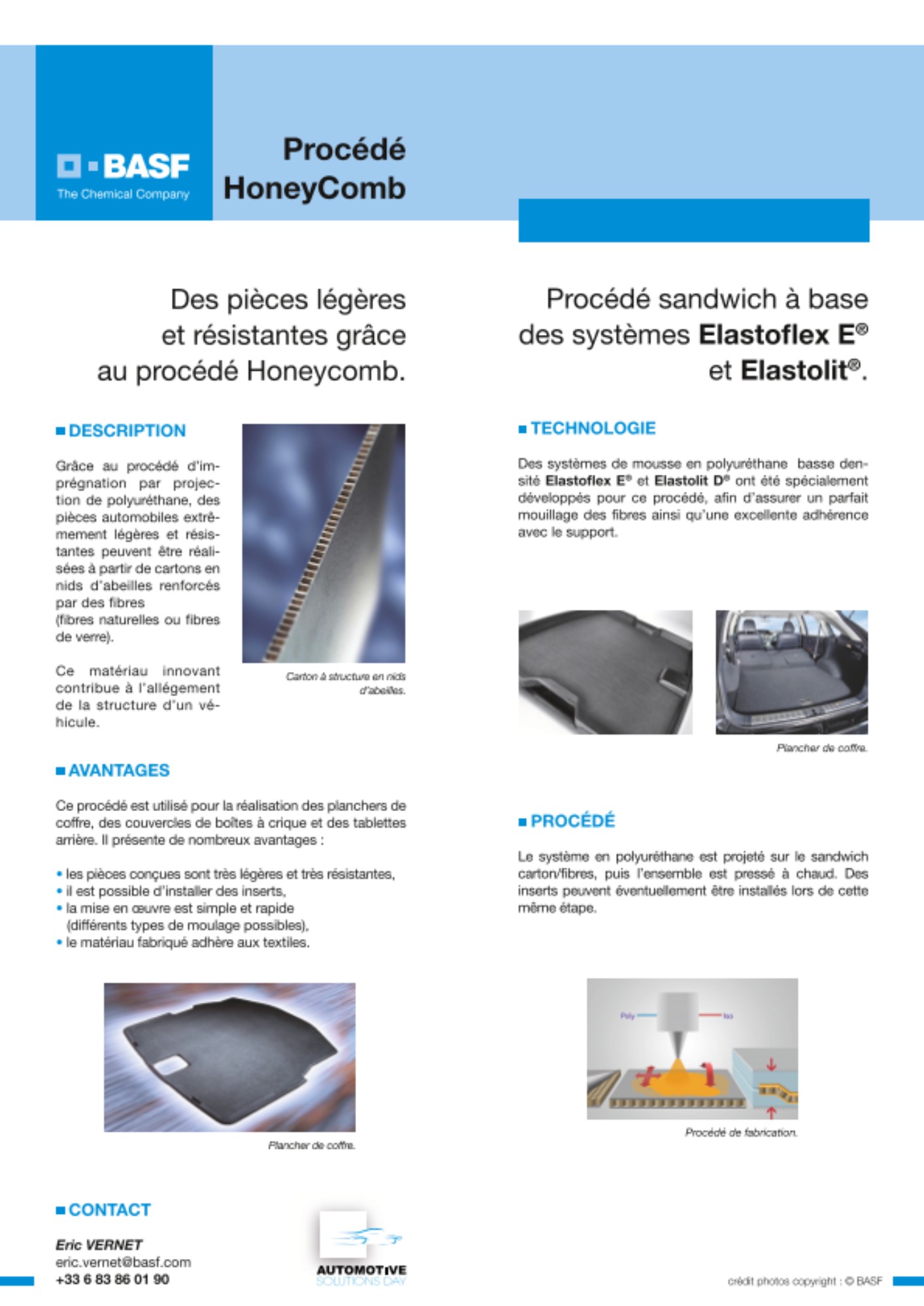 Grâce au procédé d’imprégnation par projection de polyuréthane, des pièces automobiles extrêmement légères et résistantes peuvent être réalisées à partir de cartons en nids d’abeilles renforcés 
par des fibres (fibres naturelles ou fibres de verre).