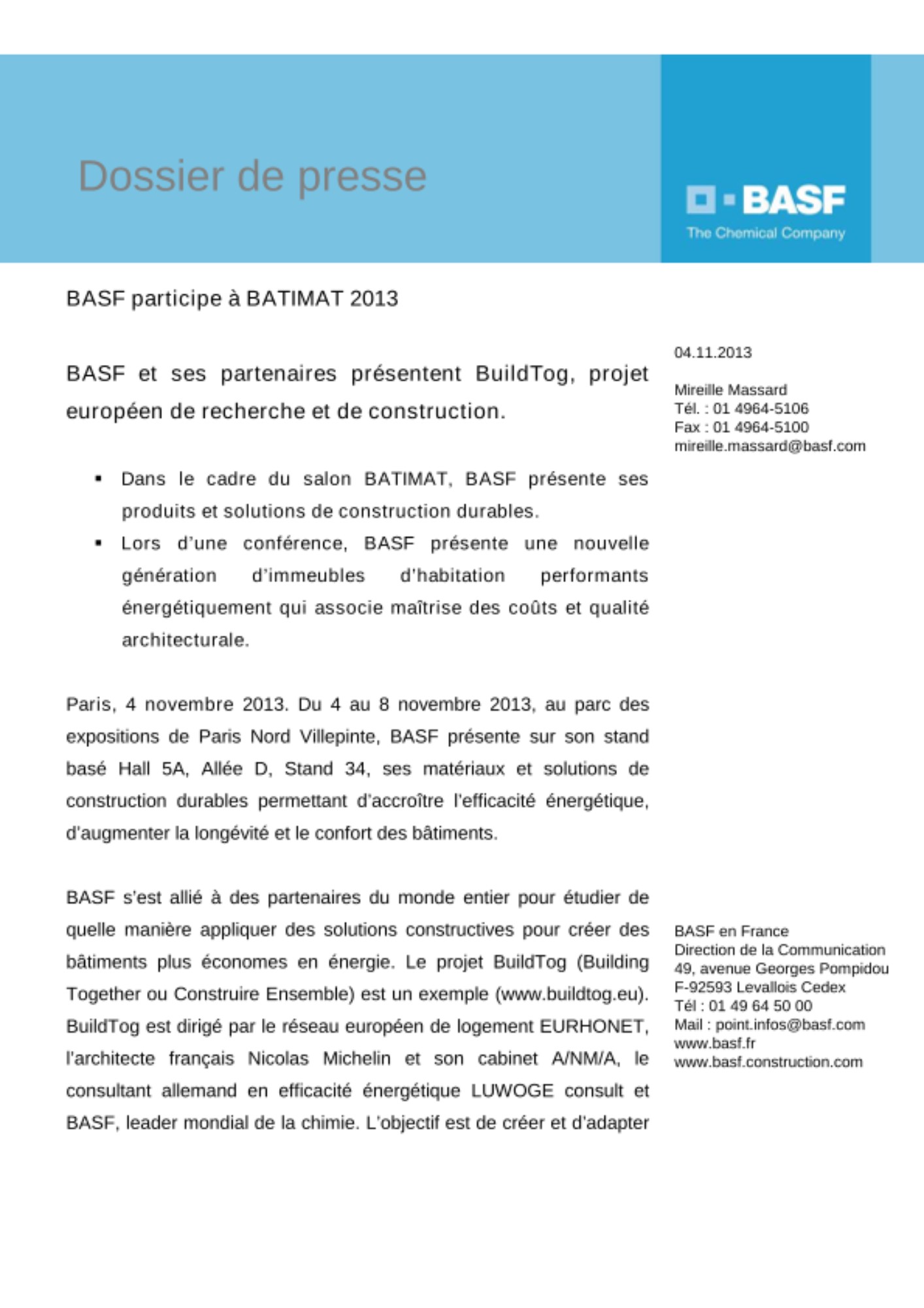 BASF et ses partenaires présentent BuildTog, projet européen de recherche et de construction.