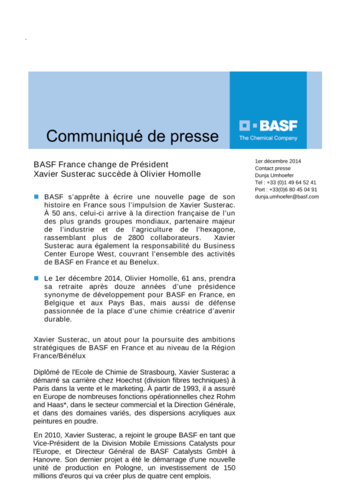Xavier Susterac, un atout pour la poursuite des ambitions stratégiques de BASF en France et au niveau de la Région France/Bénélux