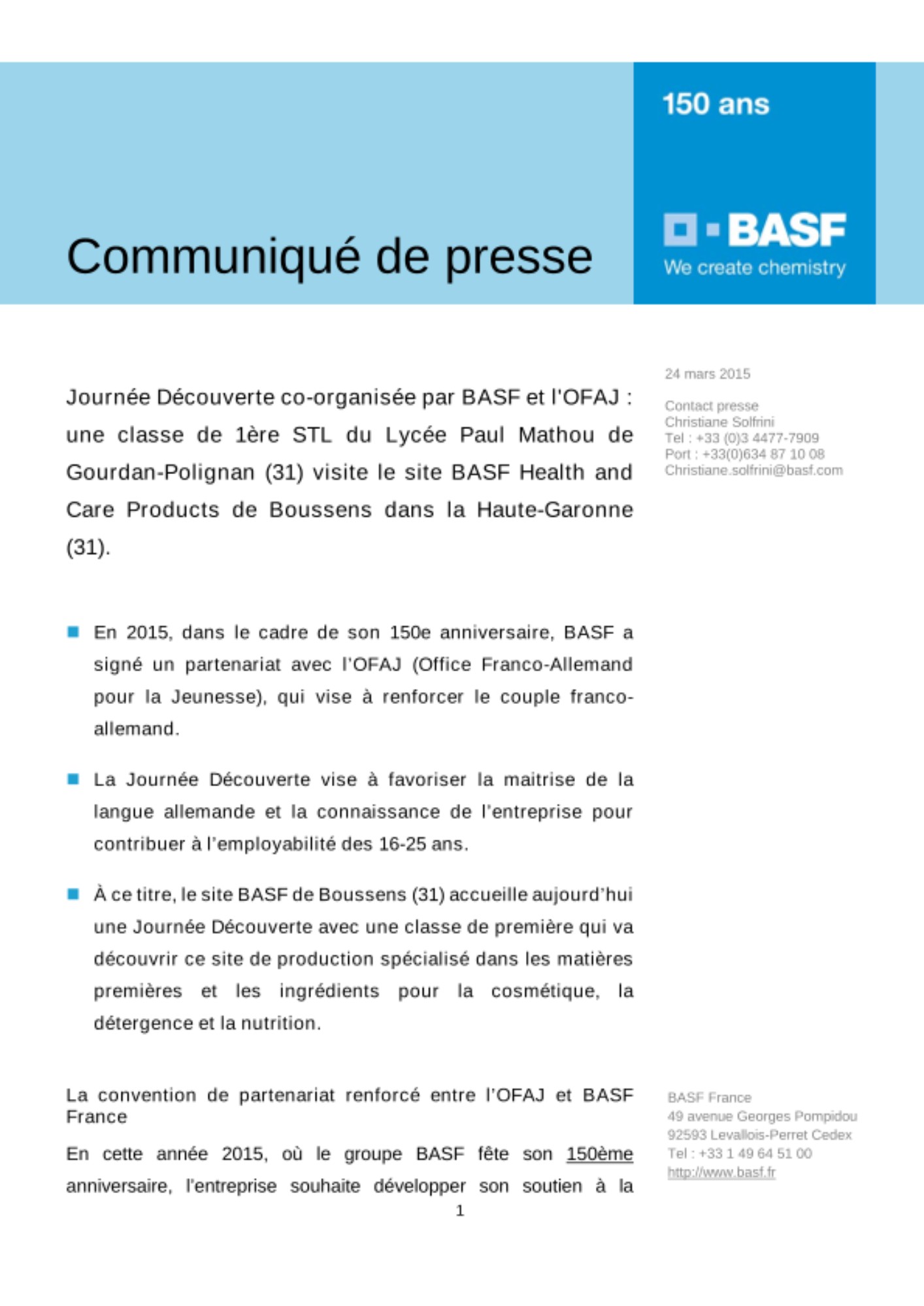 Une classe de 1ère STL du Lycée Paul Mathou de Gourdan-Polignan (31) visite le site BASF Health and Care Products de Boussens dans la Haute-Garonne (31).