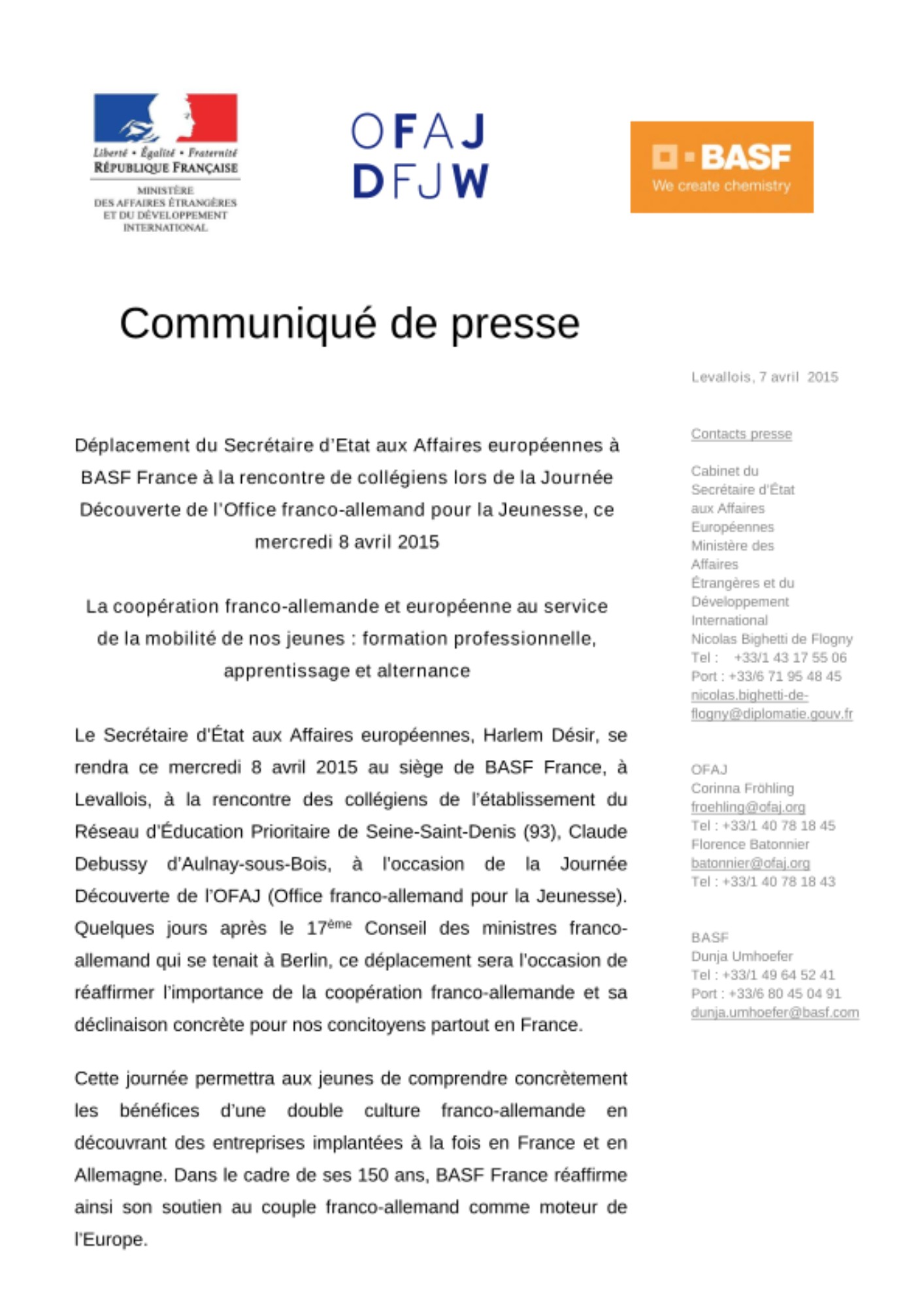Déplacement du Secrétaire d’Etat aux Affaires européennes à BASF France à la rencontre de collégiens lors de la Journée Découverte de l’Office franco-allemand pour la Jeunesse, ce mercredi 8 avril 2015.