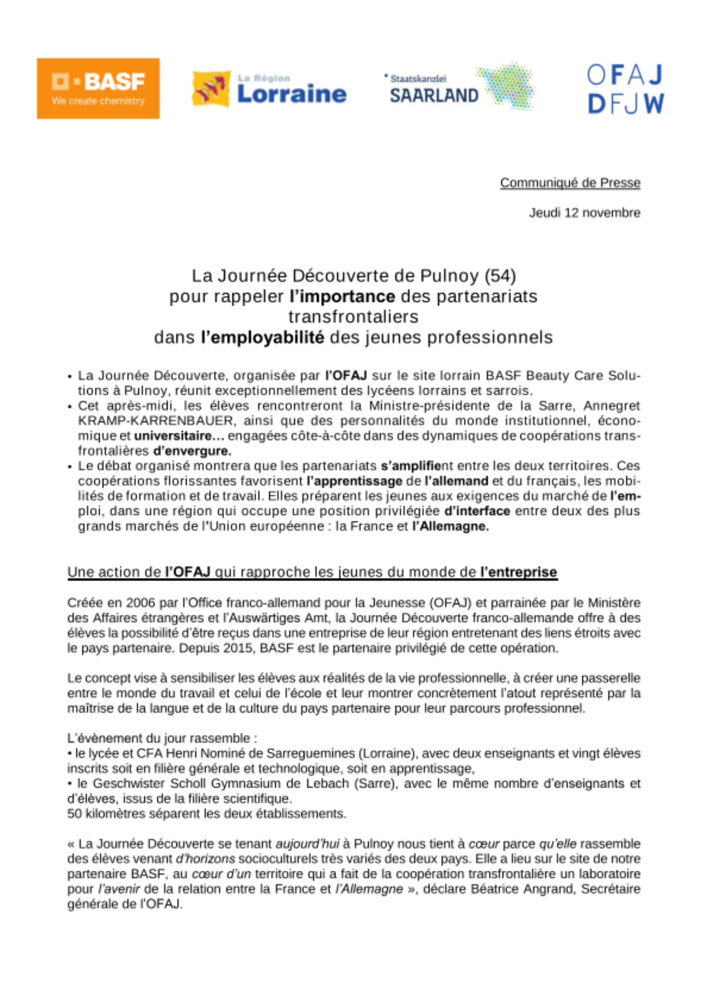 La Journée Découverte organisée par l’OFAJ sur le site lorrain BASF Beauty Care Solu-tions à Pulnoy, réunit des lycéens lorrains et sarrois afin de mettre en avant
l’importance des partenariats transfrontaliers dans l’employabilité des jeunes professionnels. La Journée Découverte organisée par l’OFAJ sur le site lorrain BASF Beauty Care Solu-tions à Pulnoy, réunit des lycéens lorrains et sarrois afin de mettre en avant
l’importance des partenariats transfrontaliers dans l’employabilité des jeunes professionnels.