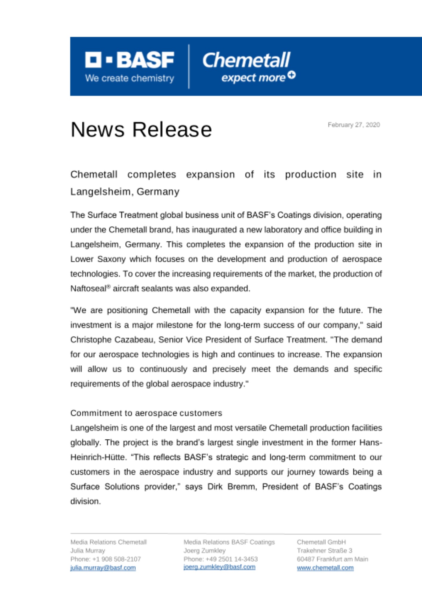 The Surface Treatment global business unit of BASF’s Coatings division, operating under the Chemetall brand, moves to a new facility in Milton Keynes, UK. The Surface Treatment global business unit of BASF’s Coatings division, operating under the Chemetall brand, moves to a new facility in Milton Keynes, UK.
