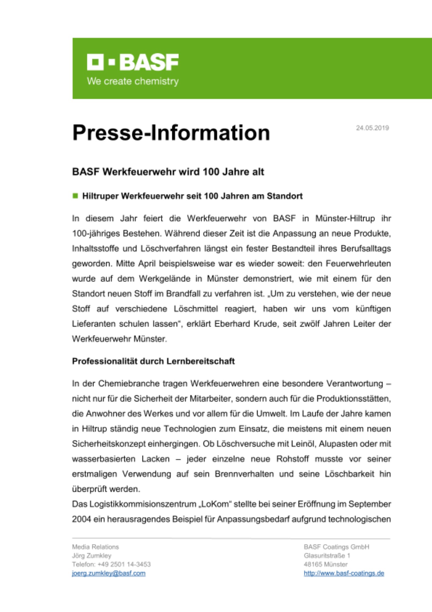 BASF Werkfeuerwehr wird 100 Jahre alt BASF Werkfeuerwehr wird 100 Jahre alt