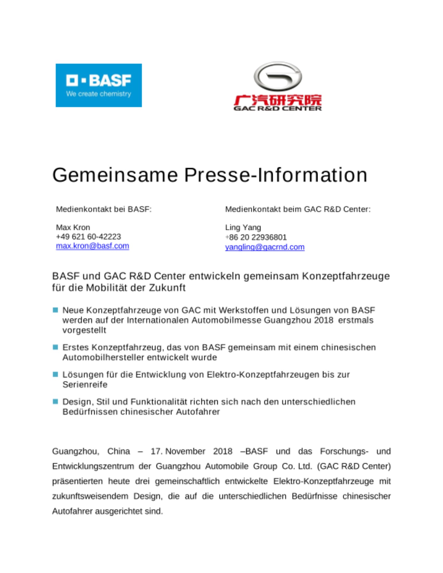 BASF und GAC R&D Center entwickeln gemeinsam Konzeptfahrzeuge für die Mobilität der Zukunft BASF und GAC R&D Center entwickeln gemeinsam Konzeptfahrzeuge für die Mobilität der Zukunft