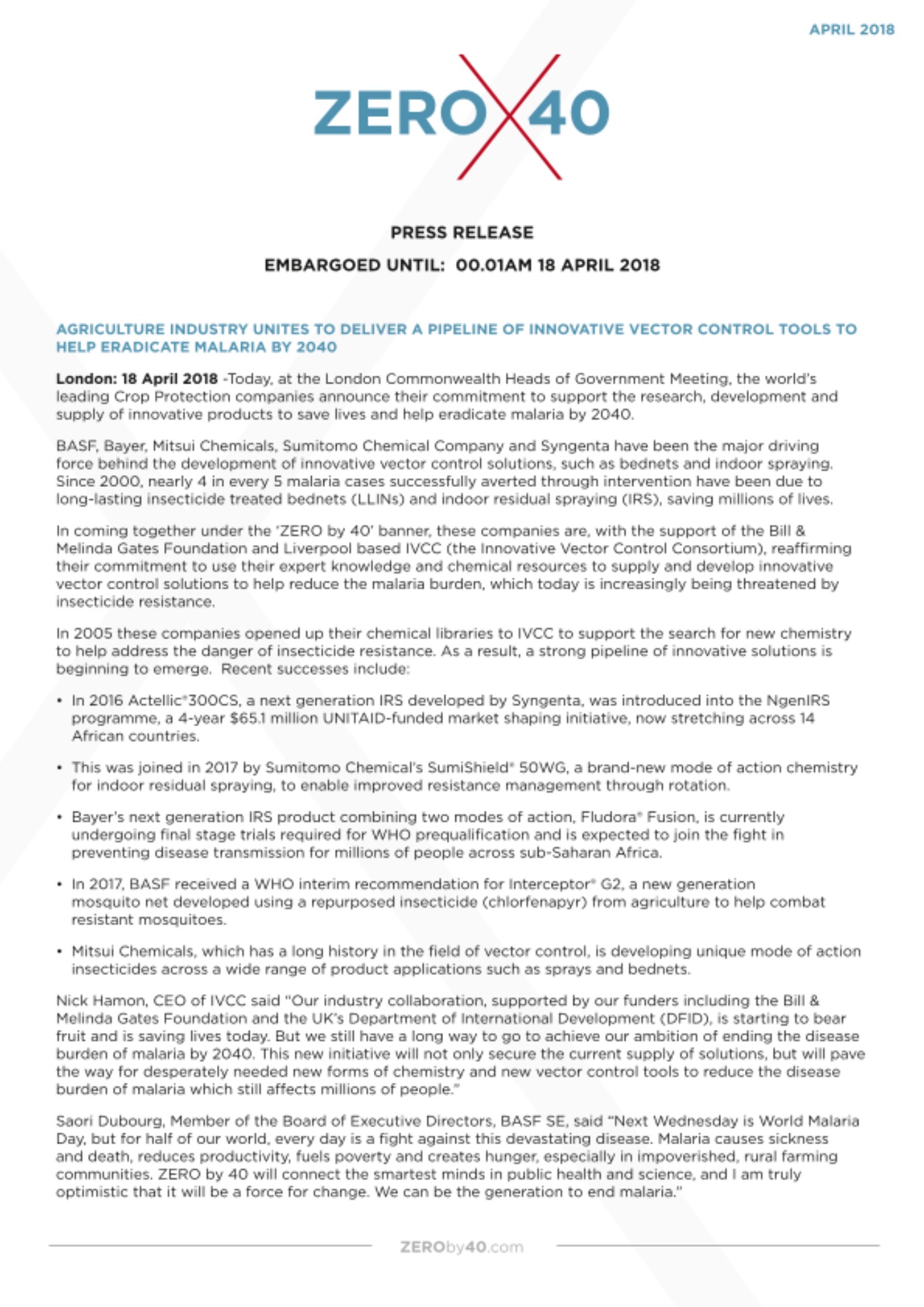 Press release: Agriculture industry unites to deliver a pipeline of innovative vector control tools to help eradicate malaria by 2040 Press release: Agriculture industry unites to deliver a pipeline of innovative vector control tools to help eradicate malaria by 2040