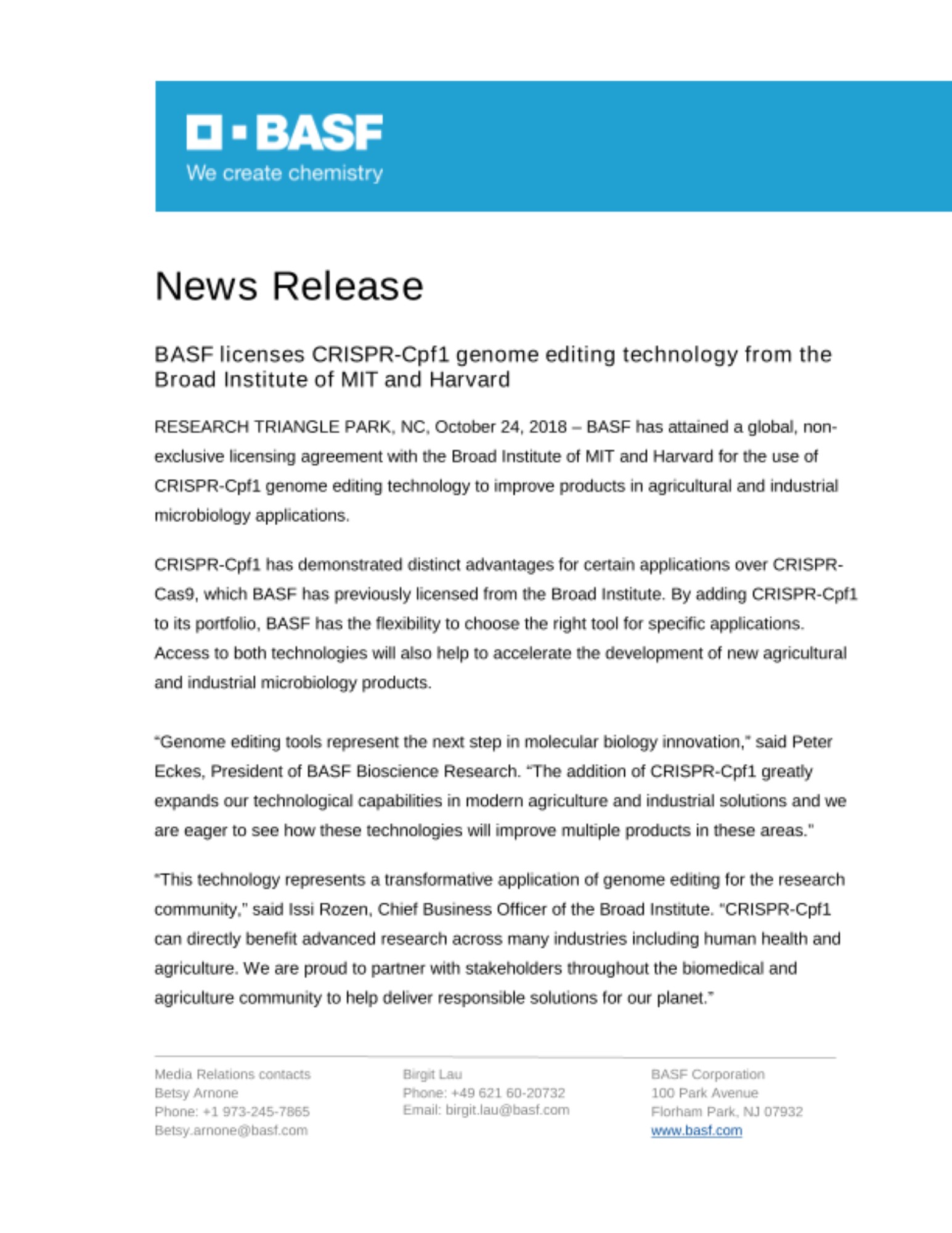 BASF licenses CRISPR-Cpf1 genome editing technology from the Broad Institute of MIT and Harvard BASF licenses CRISPR-Cpf1 genome editing technology from the Broad Institute of MIT and Harvard