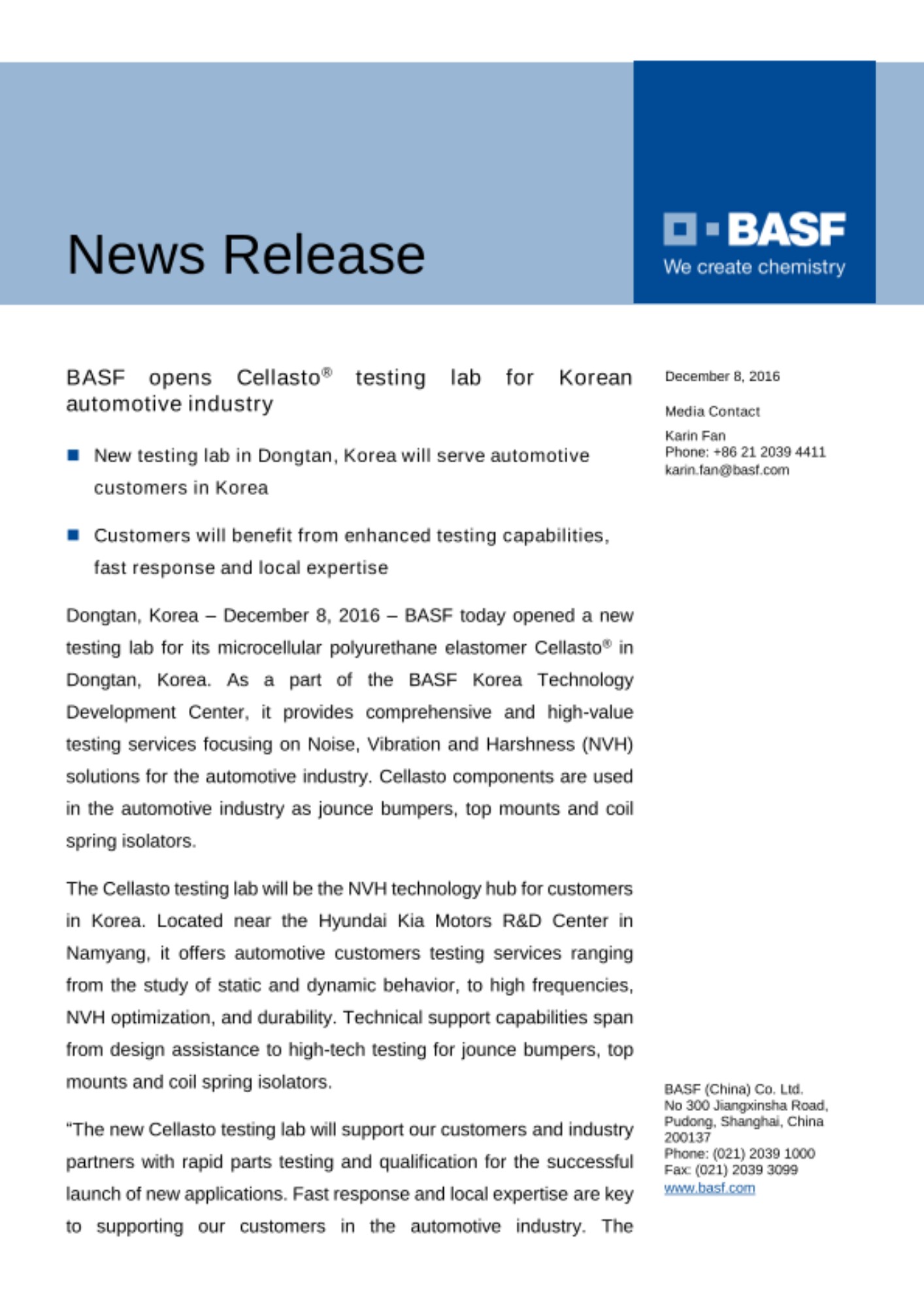바스프, 동탄에 한국 자동차 업계를 위한 신규 셀라스토 시험실 개소