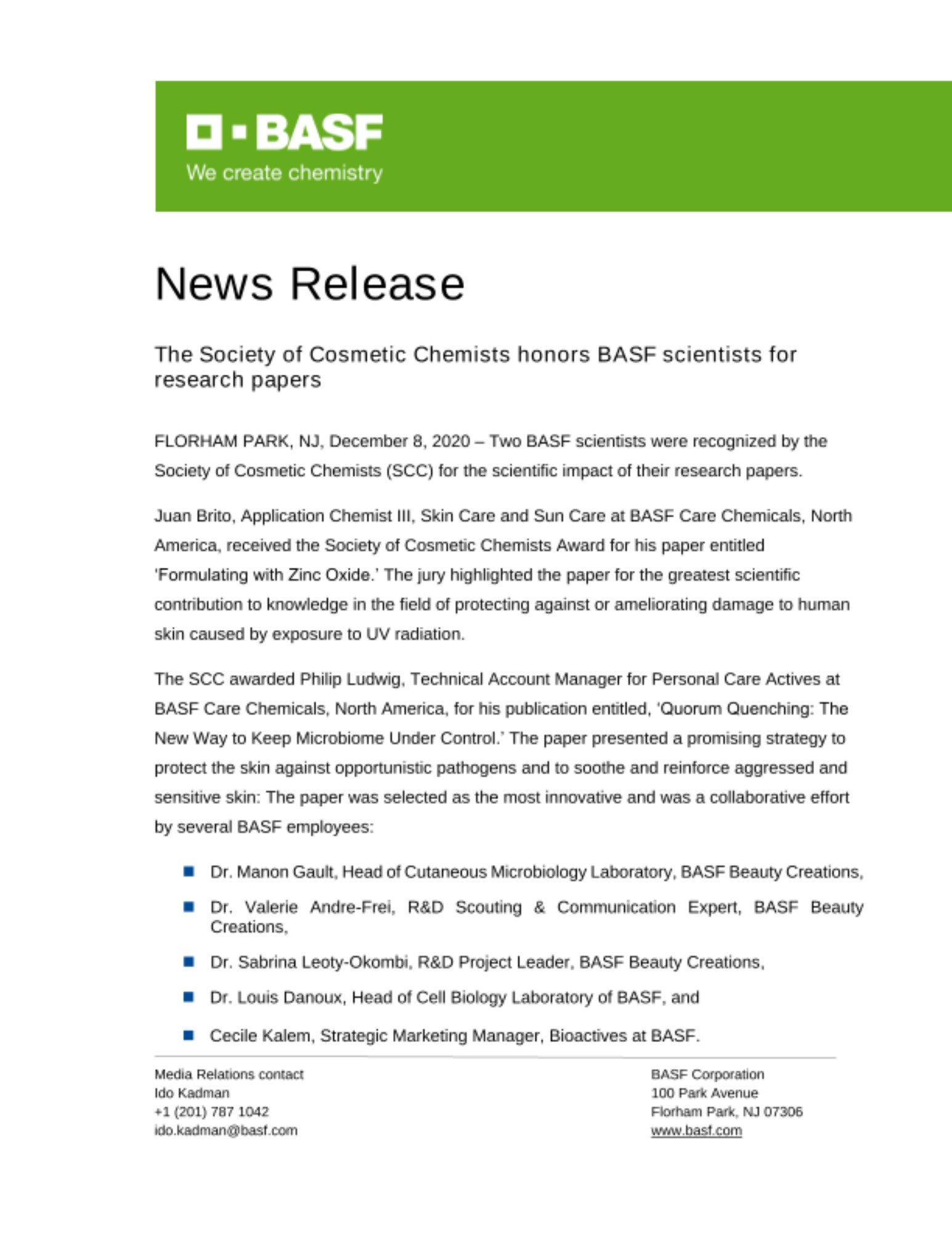 The Society of Cosmetic Chemists honors BASF scientists for ...